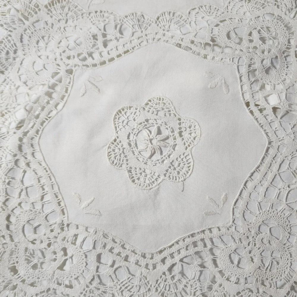 Vintage White Lace Cotton Pillow Sham Handmade Embroidery Scalloped Edge Square